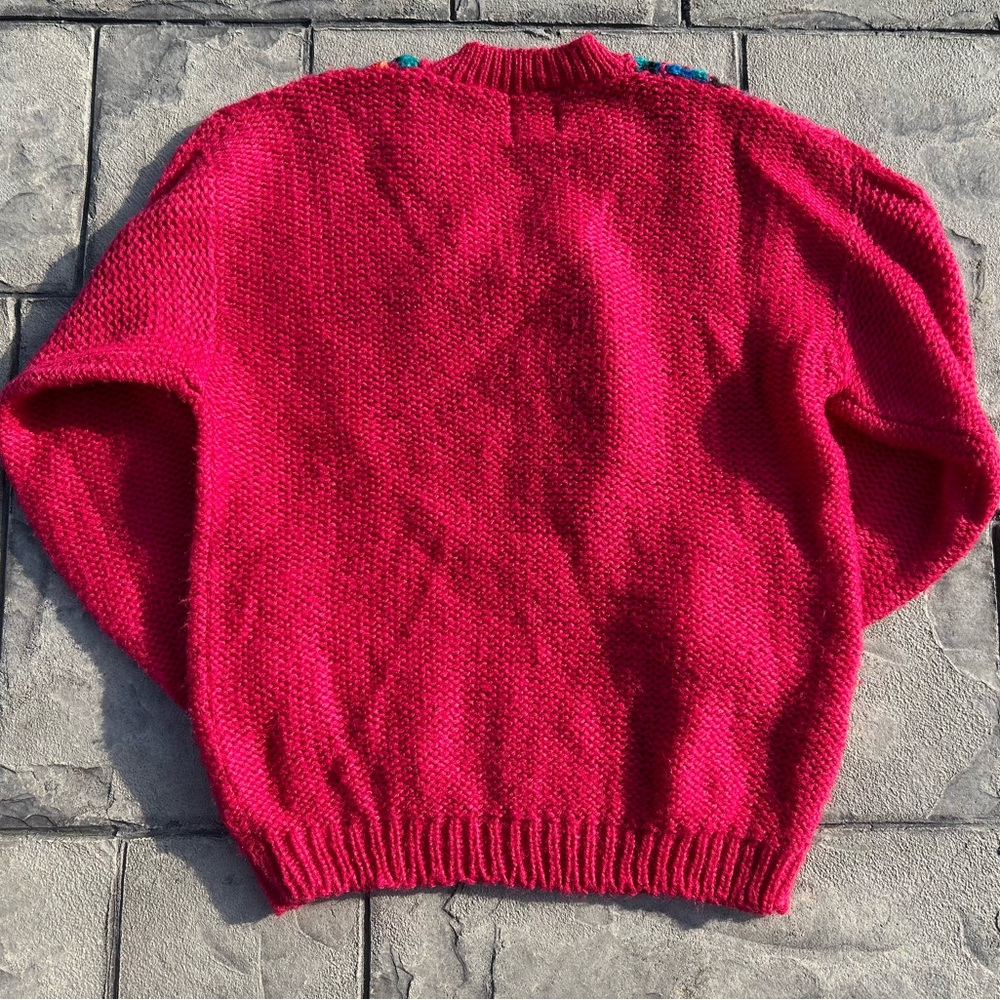 Vintage 80s 90s Handknit Ivy V Neck Hot Pink Fuschia Preppy Chunky Sweater M - Picture 3 of 5